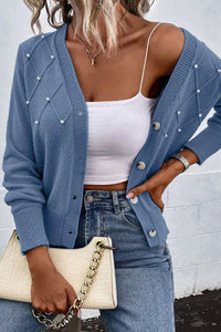 Beaded V-Neck Button Up Long Sleeve Cardigan - Pahabu - Women's Clothing & Shop