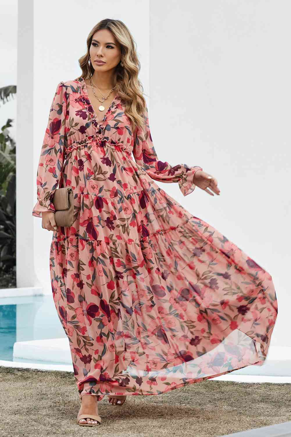 Floral Frill Trim Flounce Sleeve Plunge Maxi Dress - Pahabu - Women's Clothing & Shop