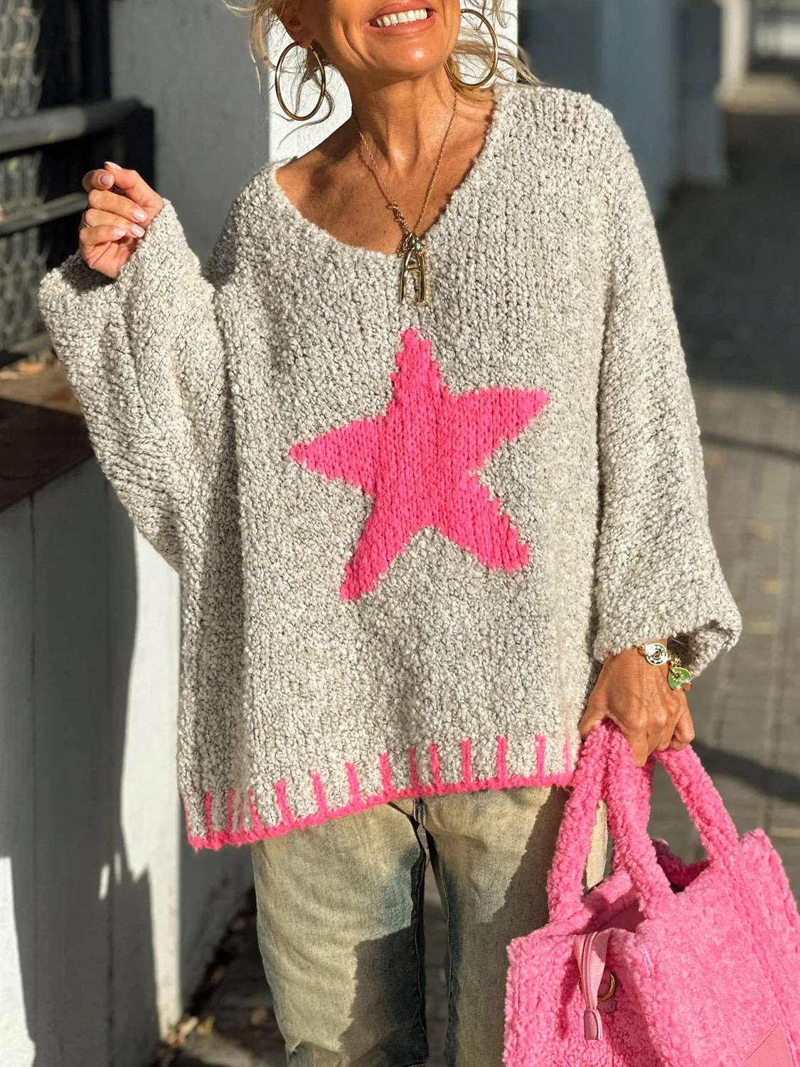 Star V-Neck Long Sleeve Oversize Sweater - Pahabu - Women's Clothing & Shop