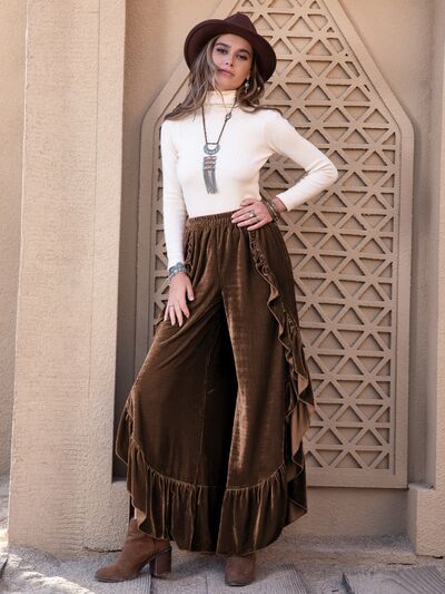 Ruffle Trim Wide Leg Slit Pants - Pahabu - Women's Clothing & Shop