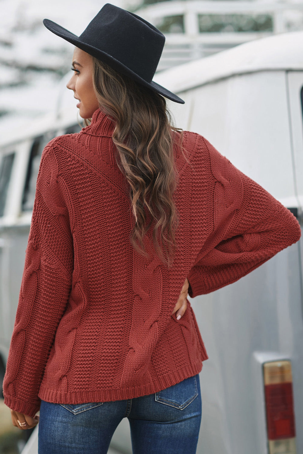 Cable-Knit Turtleneck Dropped Shoulder Sweater - Pahabu - Women's Clothing & Shop