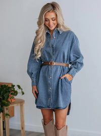 Button Up Collared Neck Long Sleeve Denim Dress - Pahabu - Women's Clothing & Shop