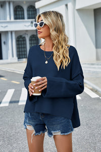 High-Low Slit Round Neck Long Sleeve Sweater - Pahabu - Women's Clothing & Shop