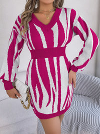 Animal Print V-Neck Long Sleeve Sweater Dress - Pahabu - Women's Clothing & Shop