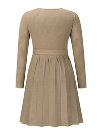 Surplice Neck Tie Front Pleated Sweater Dress - Pahabu - Women's Clothing & Shop