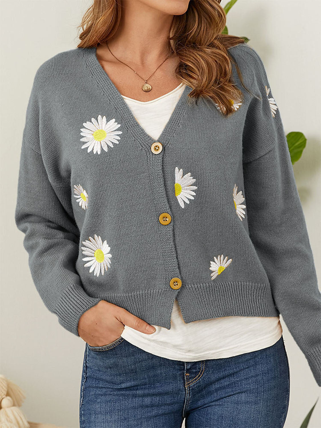 Flower Button Front Dropped Shoulder Cardigan - Pahabu - Women's Clothing & Shop