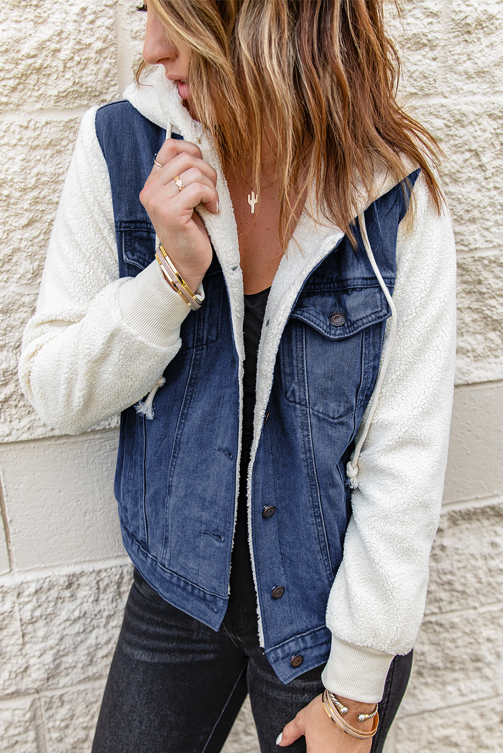Two-Tone Spliced Denim Sherpa Hooded Jacket - Pahabu - Women's Clothing & Shop
