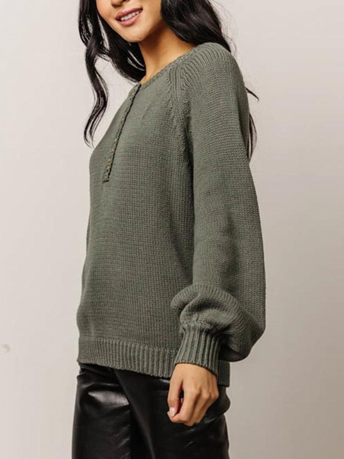 Buttoned Round Neck Long Sleeve Sweater - Pahabu - Women's Clothing & Shop