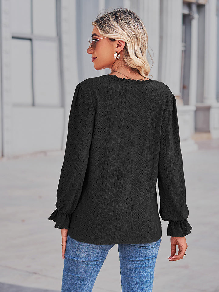 Eyelet V-Neck Flounce Sleeve Blouse - Pahabu - Women's Clothing & Shop