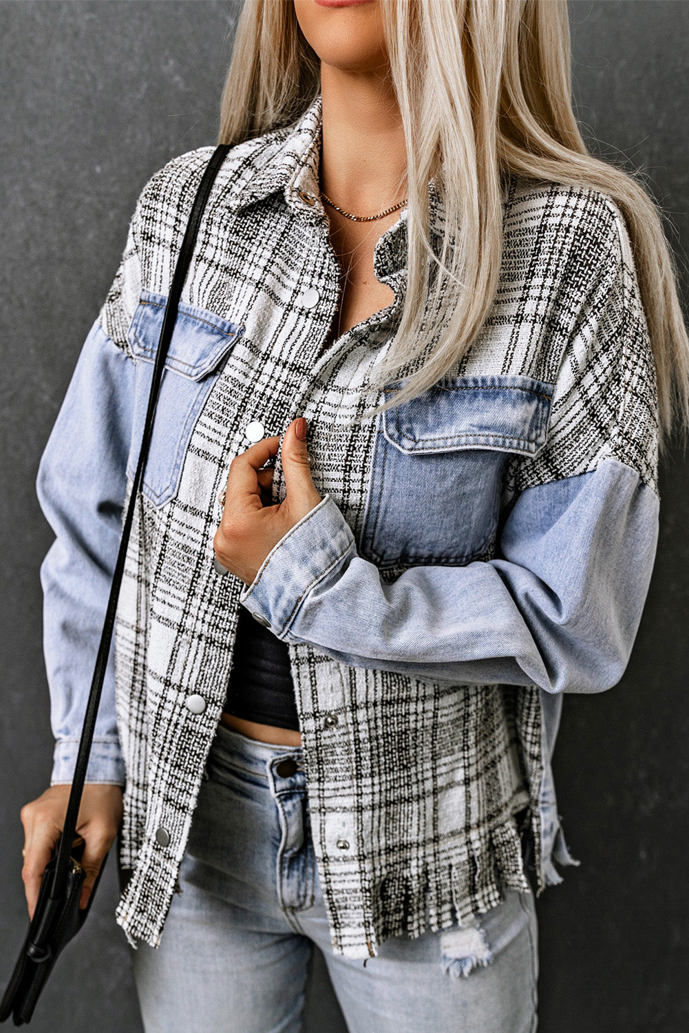 Plaid Pocketed Snap Down Denim Jacket - Pahabu - Women's Clothing & Shop