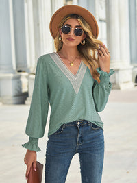 V-Neck Eyelet Flounce Sleeve Blouse - Pahabu - Women's Clothing & Shop