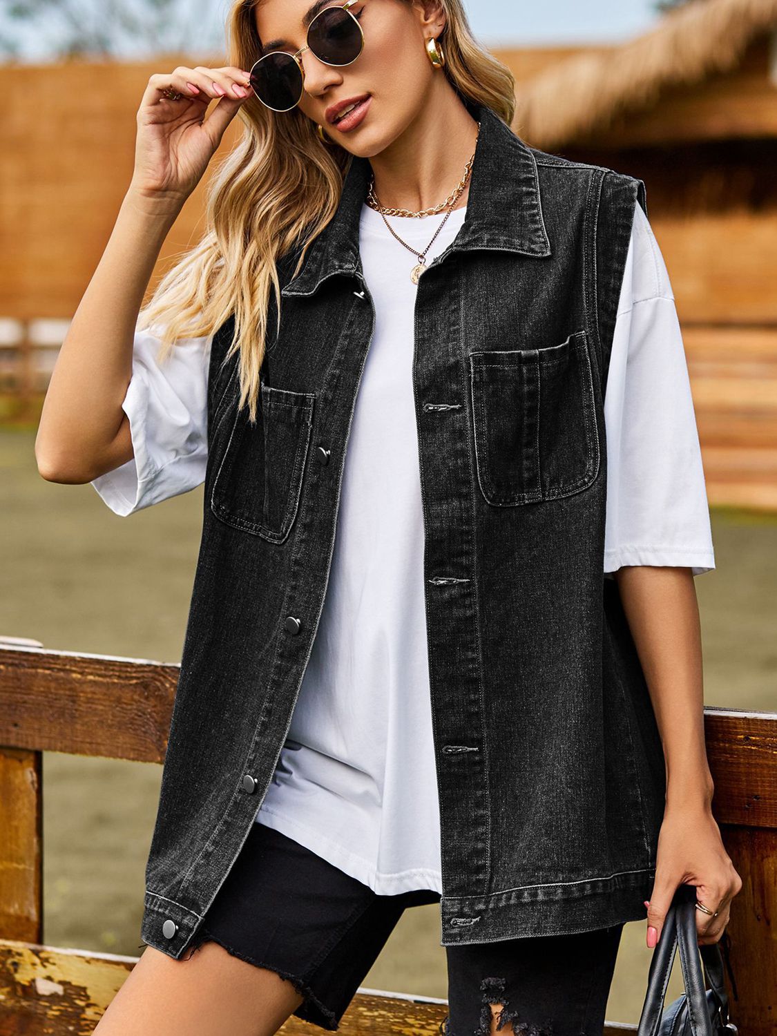 Button Down Denim Vest - Pahabu - Women's Clothing & Shop