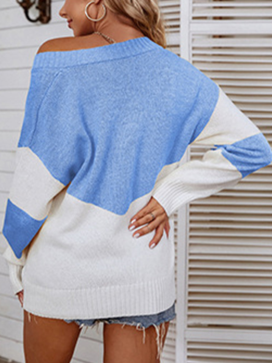 Color Block V-Neck Sweater - Pahabu - Women's Clothing & Shop