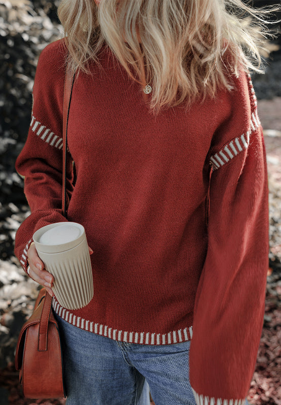 Striped Detail Round Neck Dropped Shoulder Sweater - Pahabu - Women's Clothing & Shop