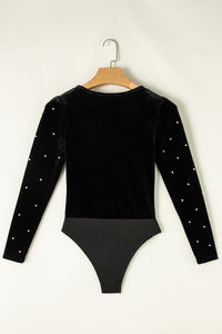 Pearl Detail Velvet V-Neck Long Sleeve Bodysuit - Pahabu - Women's Clothing & Shop