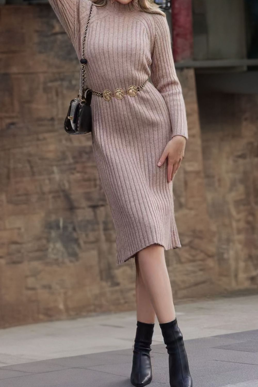 Ribbed Mock Neck Sweater Dress - Pahabu - Women's Clothing & Shop