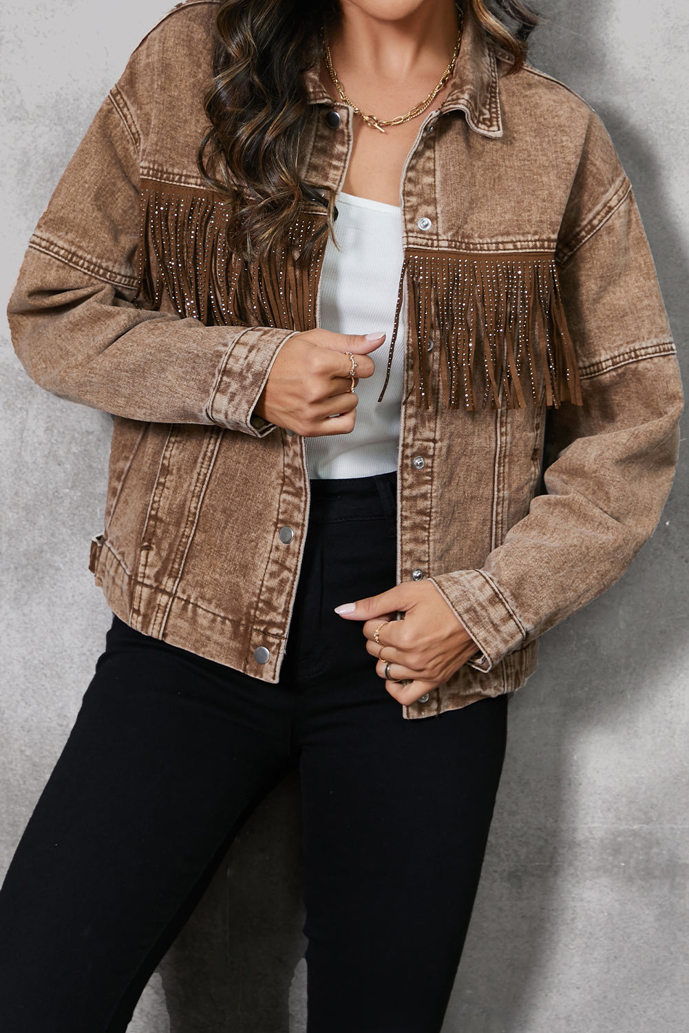 Fringe Trim Snap Down Denim Jacket - Pahabu - Women's Clothing & Shop