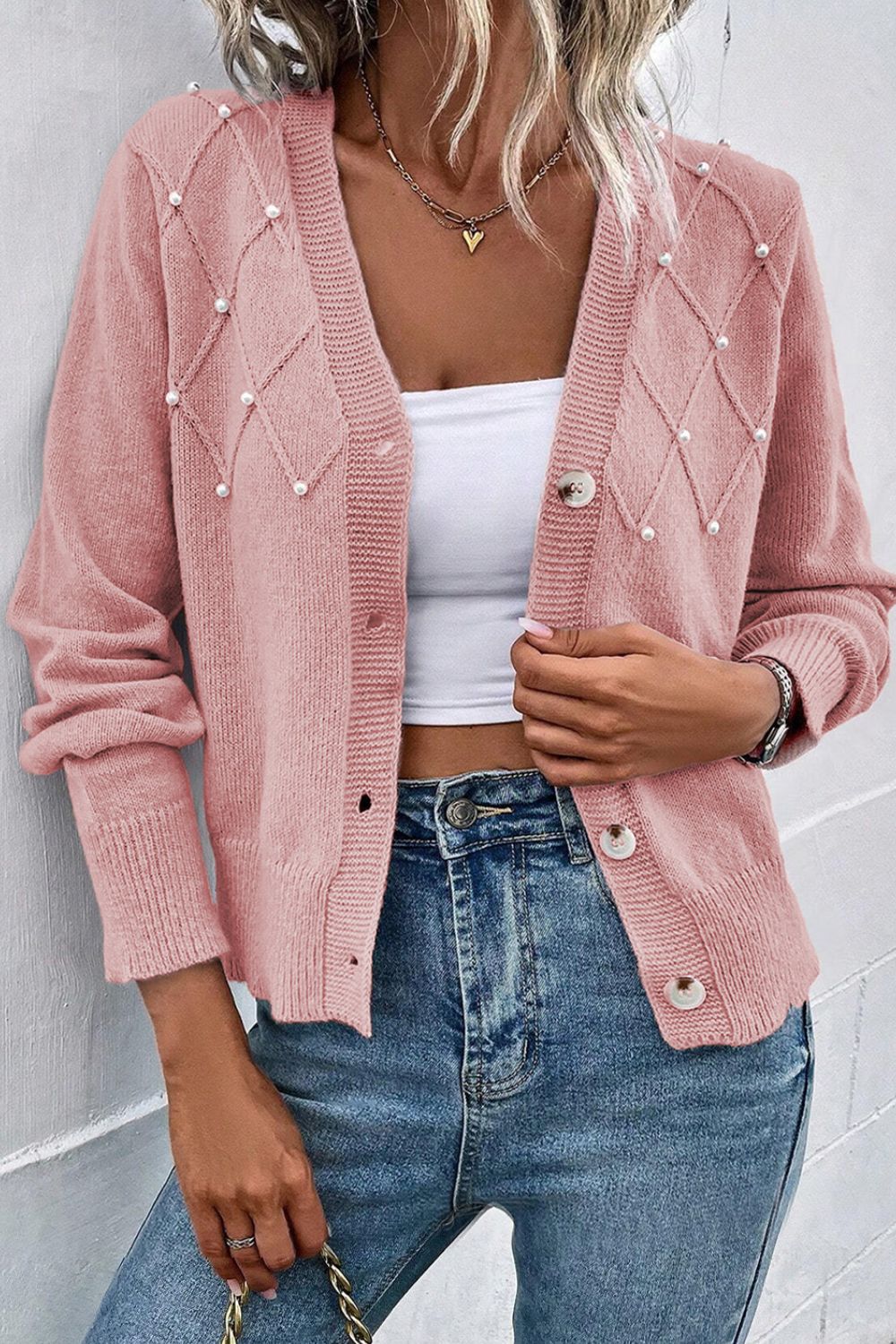 Beaded V-Neck Button Up Long Sleeve Cardigan - Pahabu - Women's Clothing & Shop
