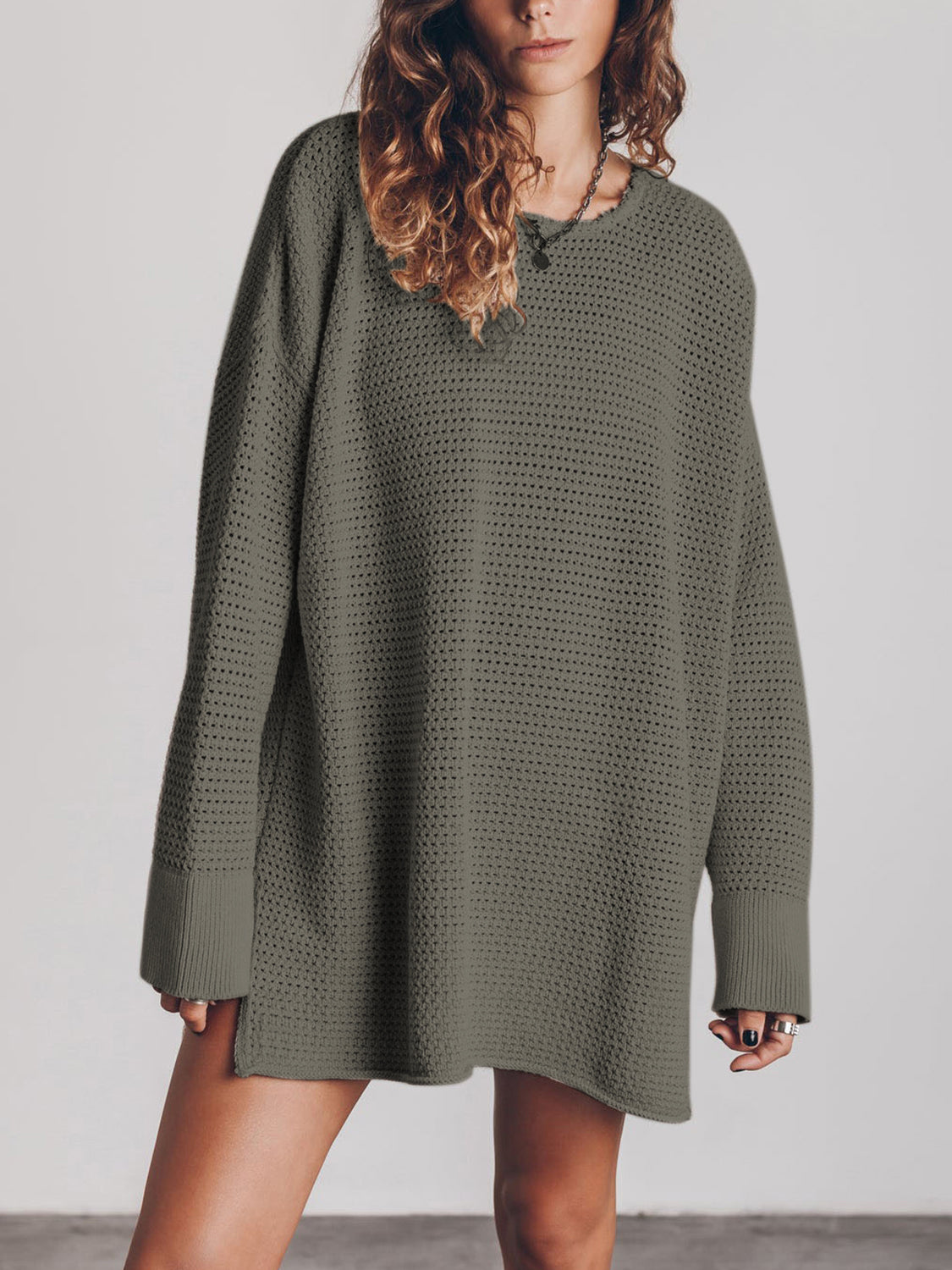 Openwork Round Neck Long Sleeve Slit Sweater - Pahabu - Women's Clothing & Shop