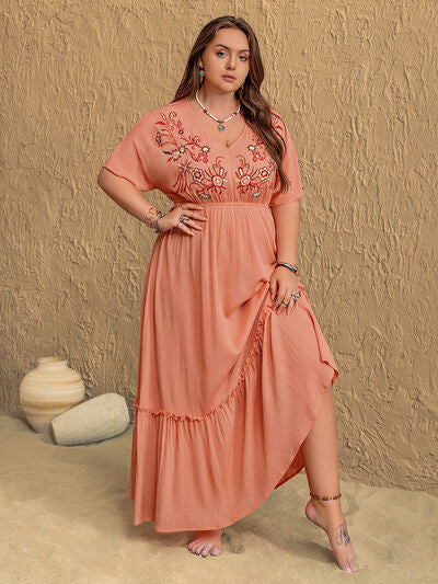 Plus Size Frill Embroidered V-Neck Half Sleeve Maxi Dress - Pahabu - Women's Clothing & Shop