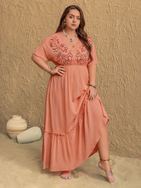 Plus Size Frill Embroidered V-Neck Half Sleeve Maxi Dress - Pahabu - Women's Clothing & Shop