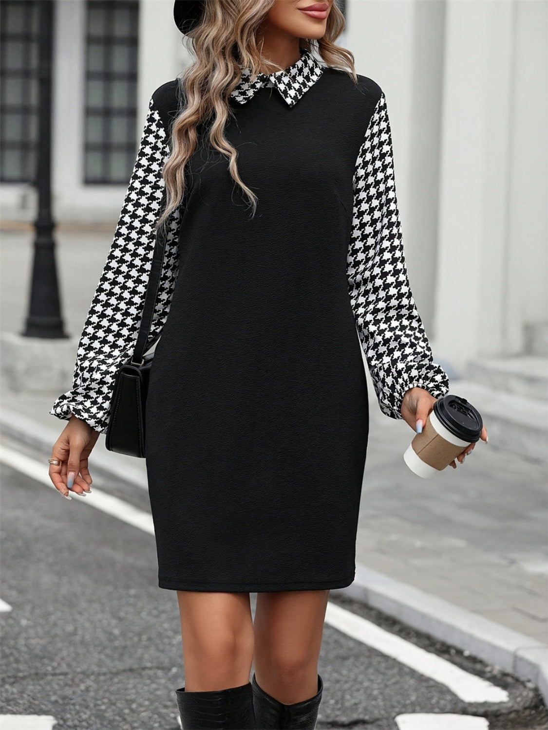 Houndstooth Collared Neck Long Sleeve Mini Dress - Pahabu - Women's Clothing & Shop
