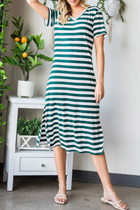 Striped V-Neck Short Sleeve Side Slit Dress - Pahabu - Women's Clothing & Shop