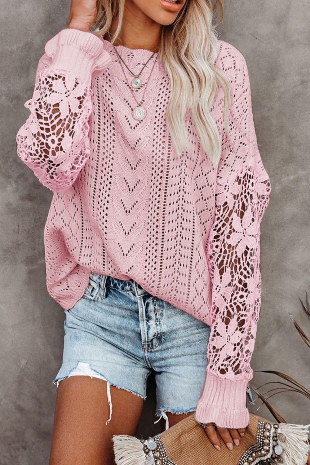 Openwork Round Neck Long Sleeve Sweater - Pahabu - Women's Clothing & Shop