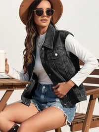 Collared Neck Sleeveless Denim Jacket - Pahabu - Women's Clothing & Shop