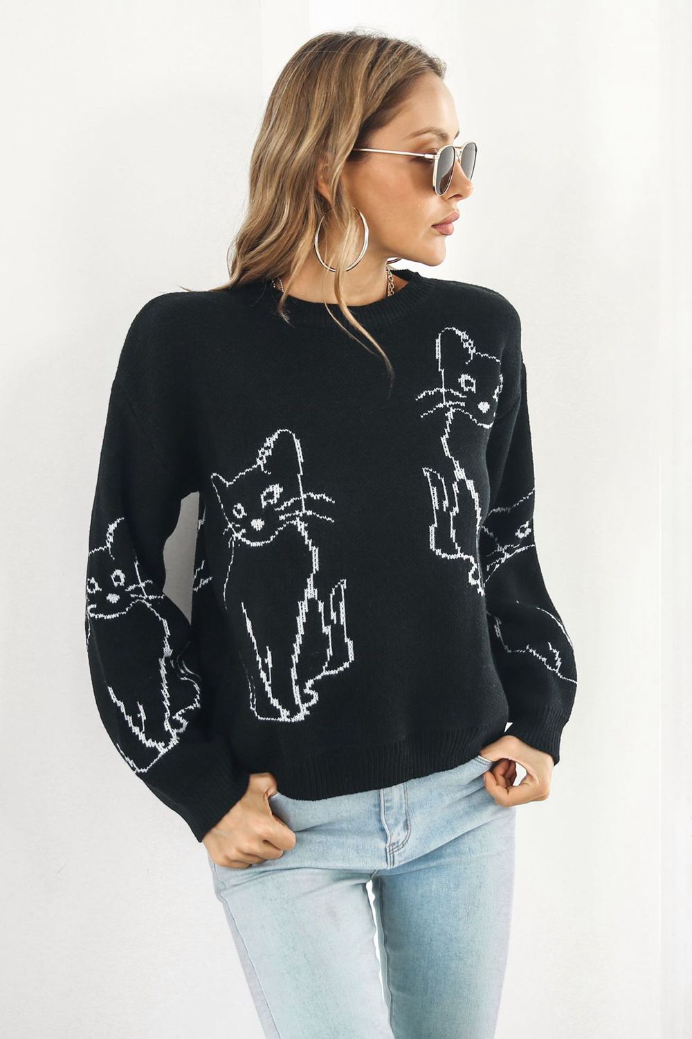 Cat Pattern Round Neck Long Sleeve Pullover Sweater - Pahabu - Women's Clothing & Shop