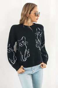 Cat Pattern Round Neck Long Sleeve Pullover Sweater - Pahabu - Women's Clothing & Shop