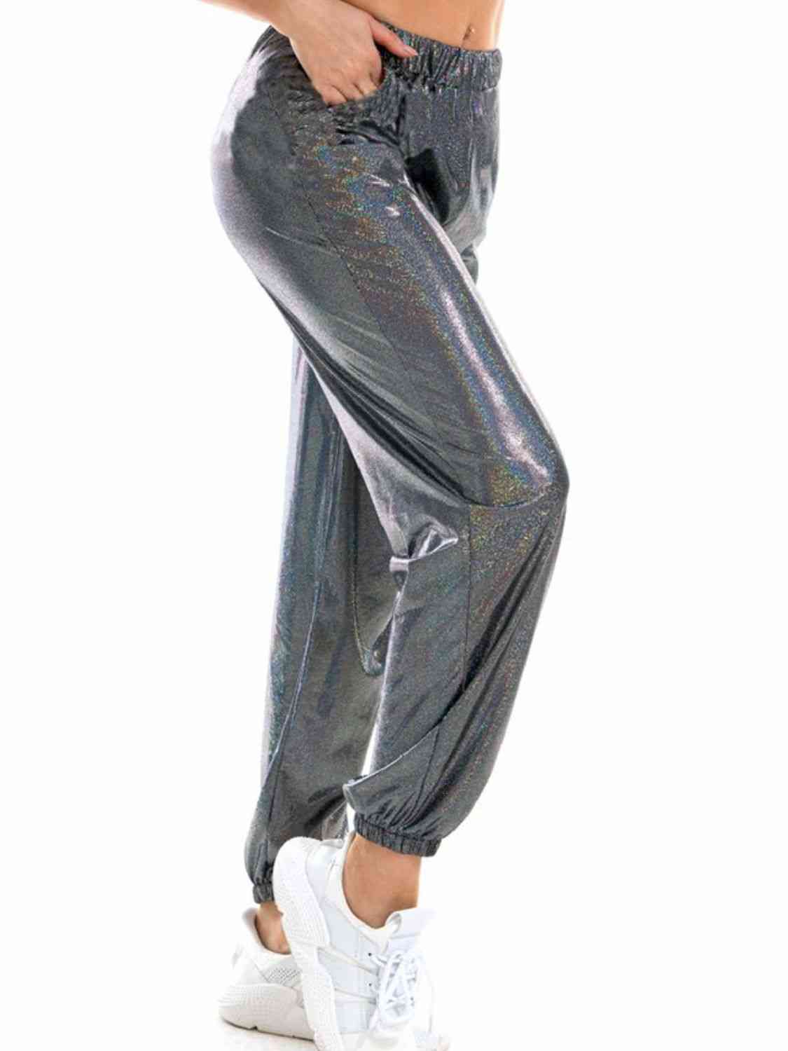 Glitter Elastic Waist Pants with Pockets - Pahabu - Women's Clothing & Shop