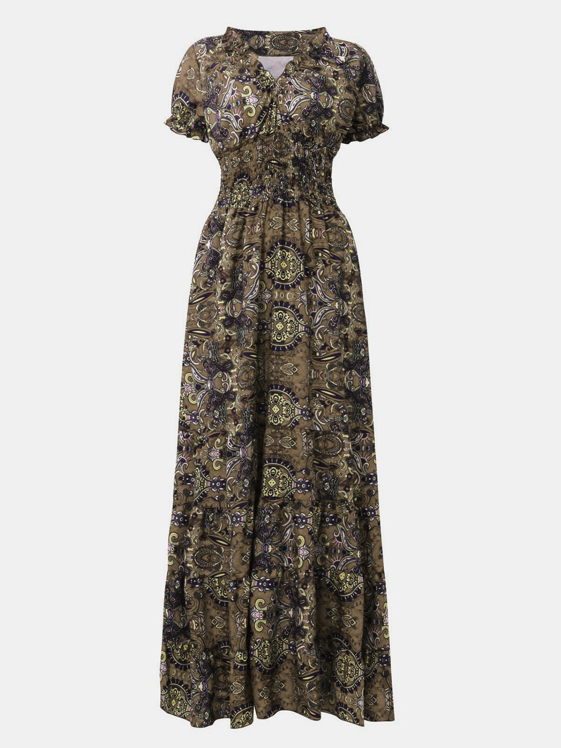 Full Size Smocked Printed V-Neck Short Sleeve Dress - Pahabu - Women's Clothing & Shop