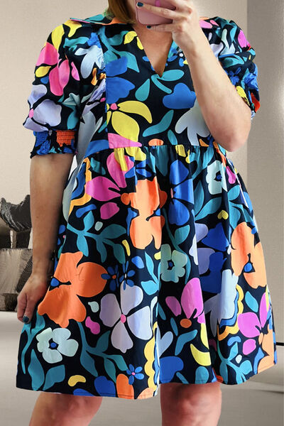 Plus Size Printed V-Neck Short Sleeve Mini Dress - Pahabu - Women's Clothing & Shop