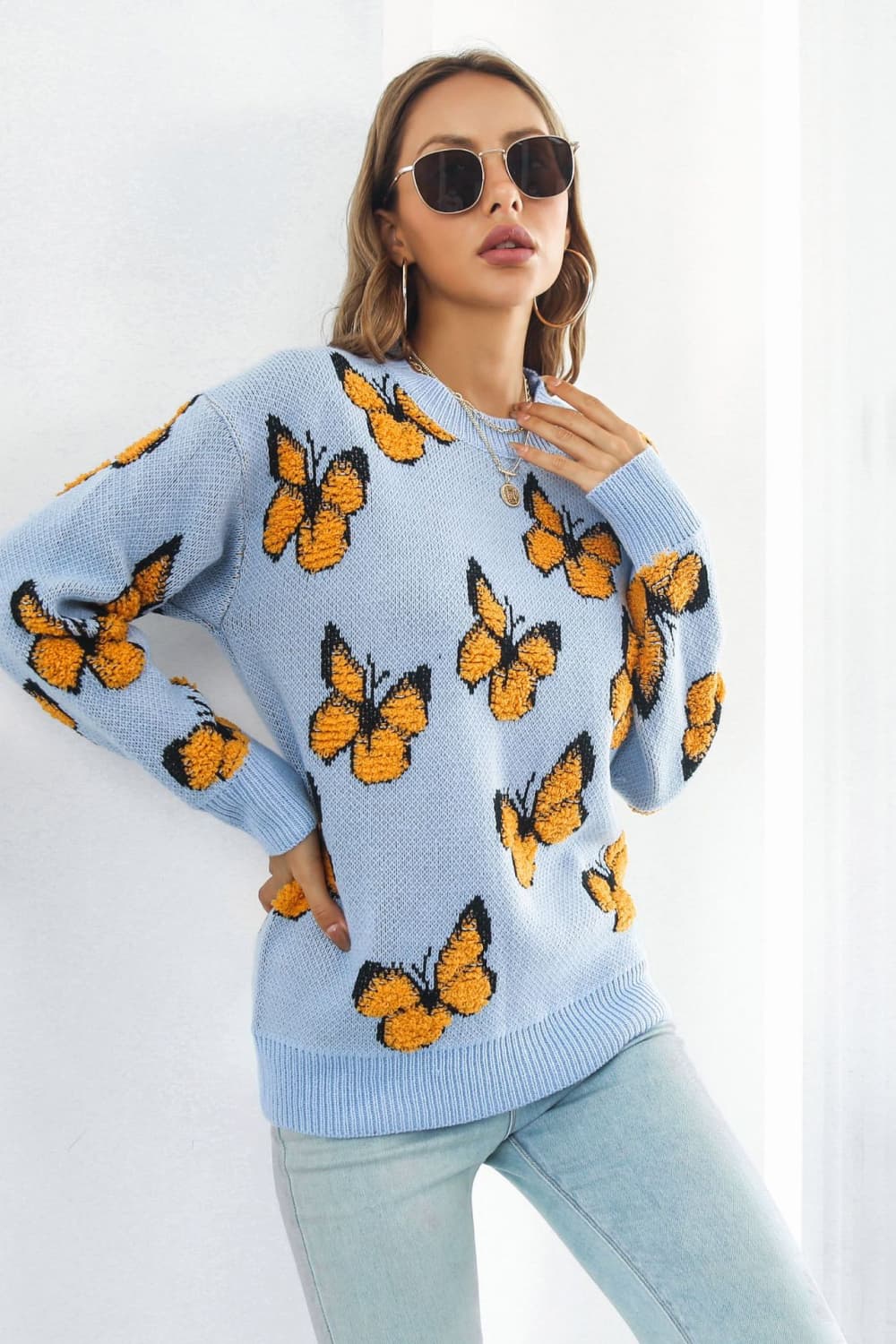 Butterfly Pattern Round Neck Dropped Shoulder Sweater - Pahabu - Women's Clothing & Shop
