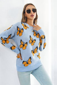 Butterfly Pattern Round Neck Dropped Shoulder Sweater - Pahabu - Women's Clothing & Shop
