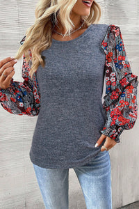 Heathered Floral Frill Lantern Sleeve Blouse - Pahabu - Women's Clothing & Shop