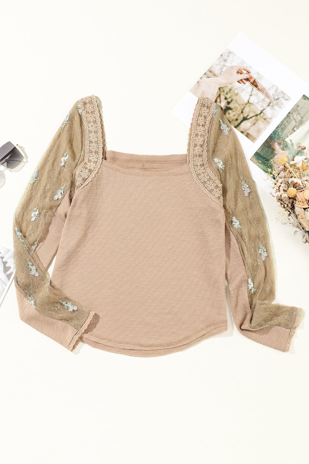 Lace Detail Queen Anne Neck Long Sleeve Blouse - Pahabu - Women's Clothing & Shop