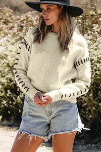Contrast Round Neck Long Sleeve Sweater - Pahabu - Women's Clothing & Shop