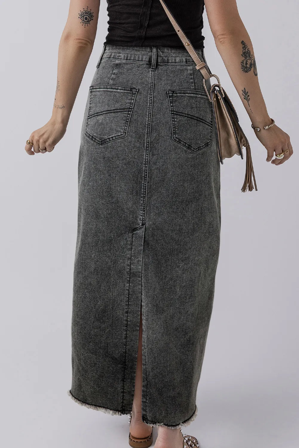 Raw Hem Midi Denim Skirt with Pockets - Pahabu - Women's Clothing & Shop
