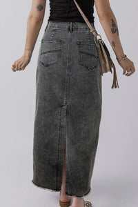Raw Hem Midi Denim Skirt with Pockets - Pahabu - Women's Clothing & Shop