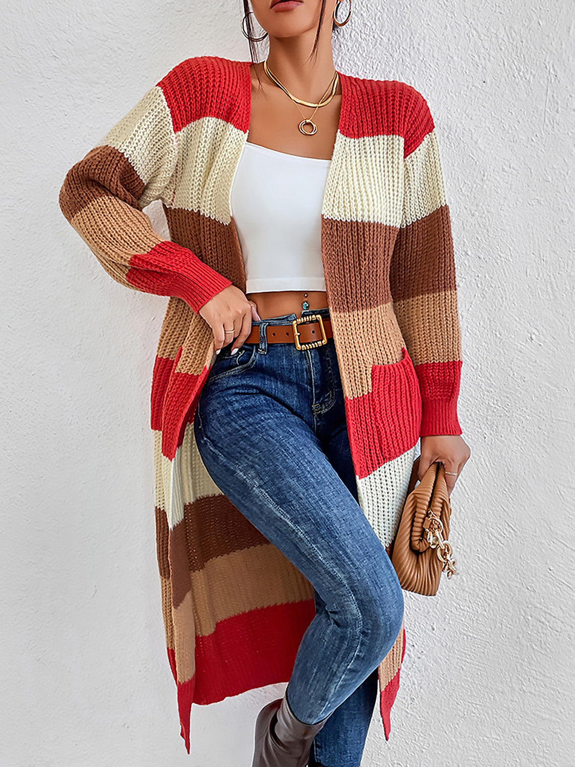 Color Block Open Front Longline Cardigan - Pahabu - Women's Clothing & Shop