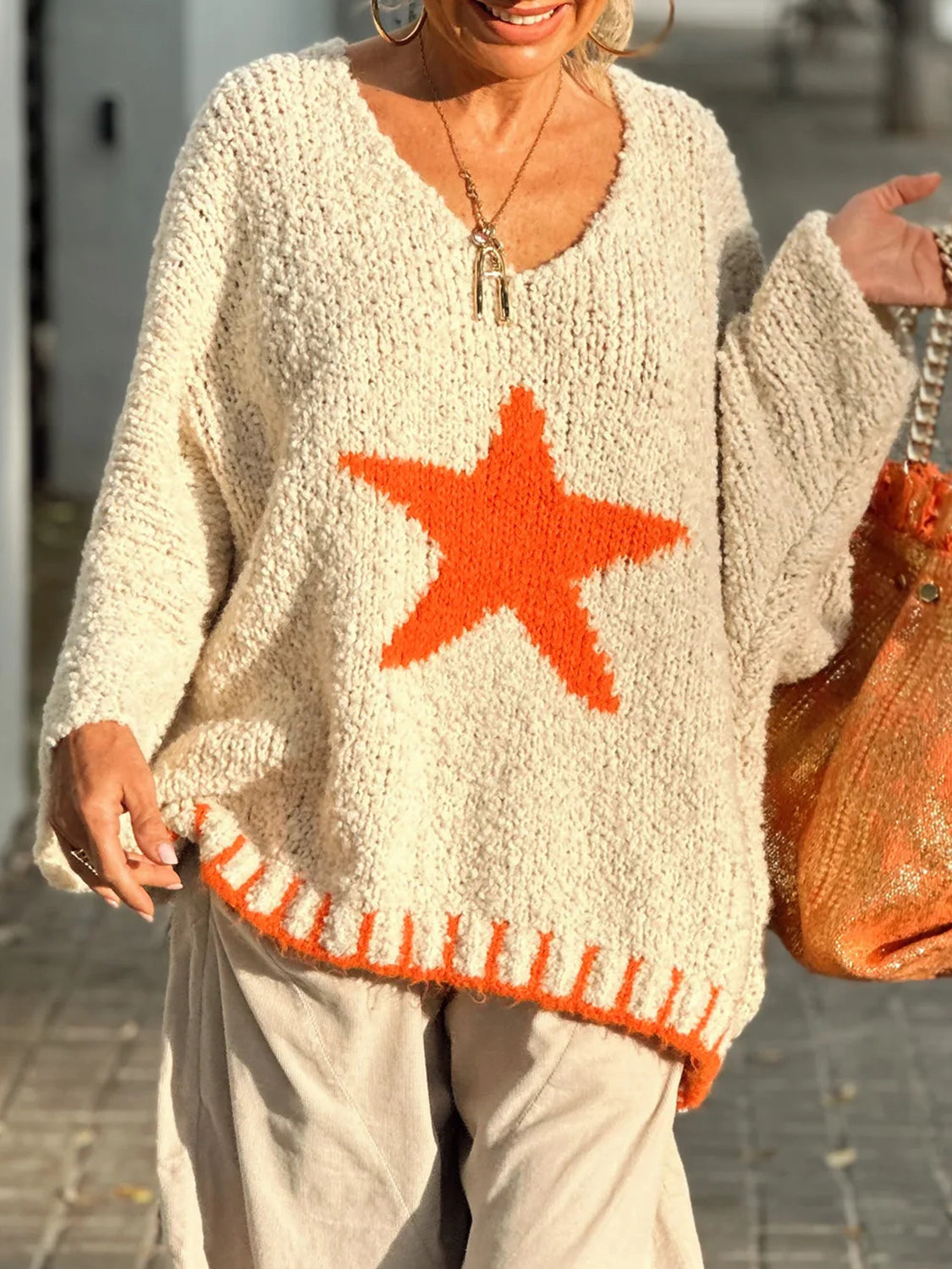 Star V-Neck Long Sleeve Oversize Sweater - Pahabu - Women's Clothing & Shop