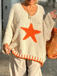 Star V-Neck Long Sleeve Oversize Sweater - Pahabu - Women's Clothing & Shop