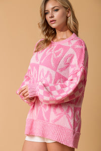 Double Take Full Size Checkered Bow Contrast Long Sleeve Sweater - Pahabu - Women's Clothing & Shop