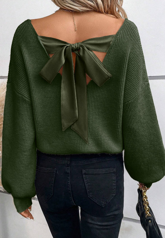 Tied Back V-Neck Long Sleeve Sweater - Pahabu - Women's Clothing & Shop