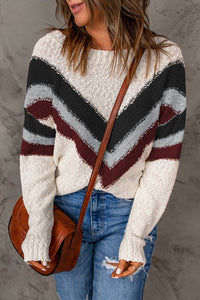 Contrast Round Neck Dropped Shoulder Sweater - Pahabu - Women's Clothing & Shop