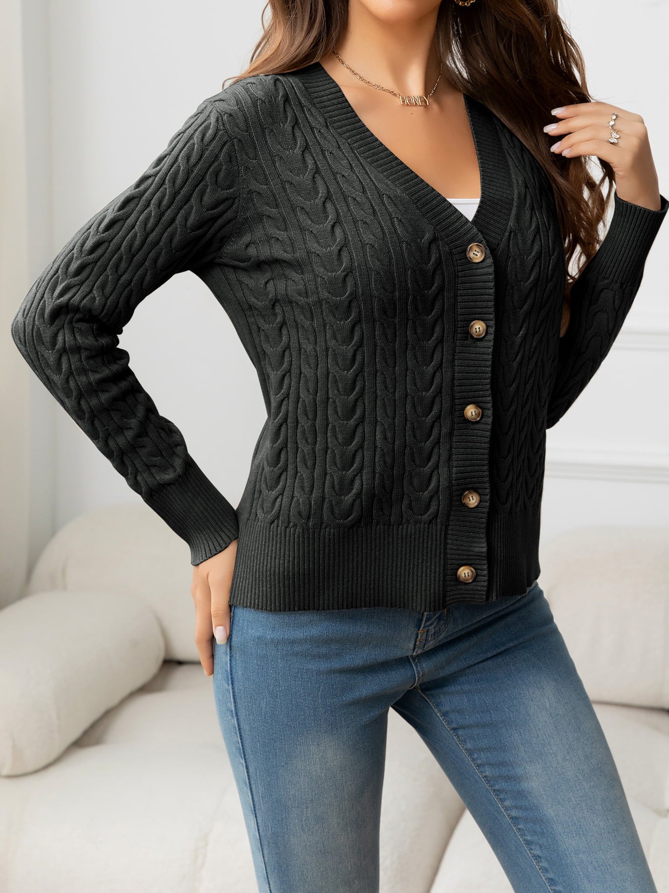 V-Neck Long Sleeve Cable-Knit Buttoned Knit Top - Pahabu - Women's Clothing & Shop