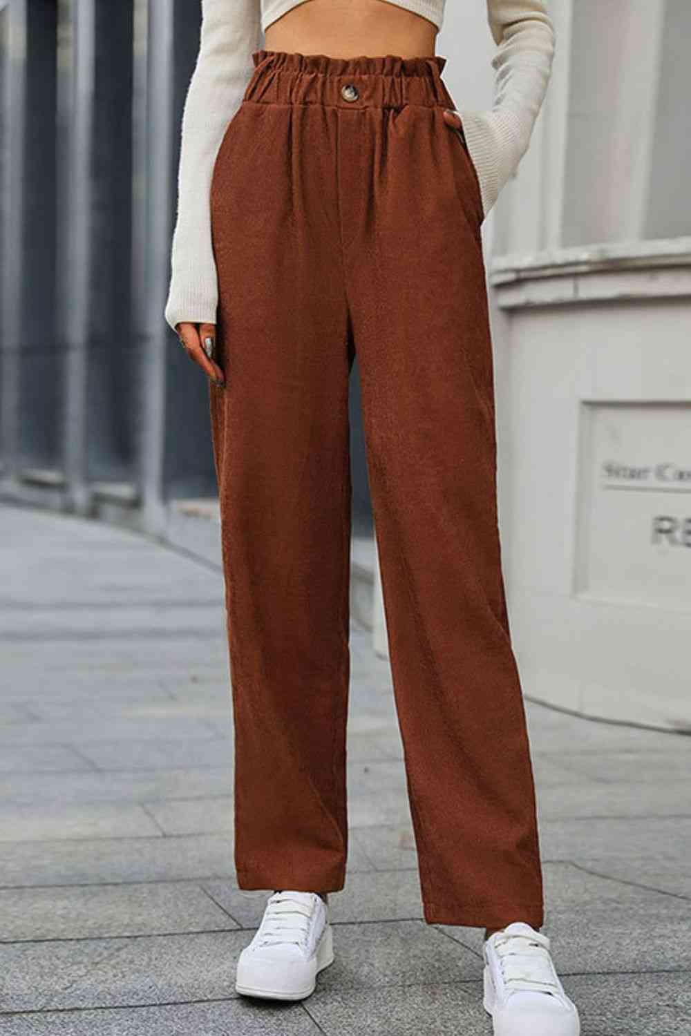 Perfee Paperbag Waist Straight Leg Pants with Pockets - Pahabu - Women's Clothing & Shop