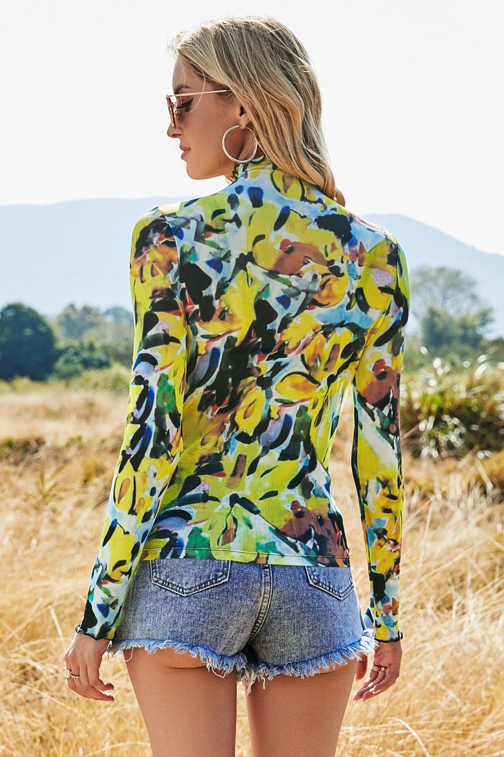 Printed Mock Neck Long Sleeve Blouse - Pahabu - Women's Clothing & Shop